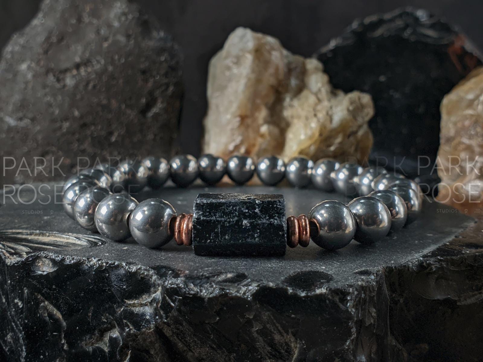 Titanium, Copper & Raw Tourmaline Nugget Gemstone Bracelet (10mm)