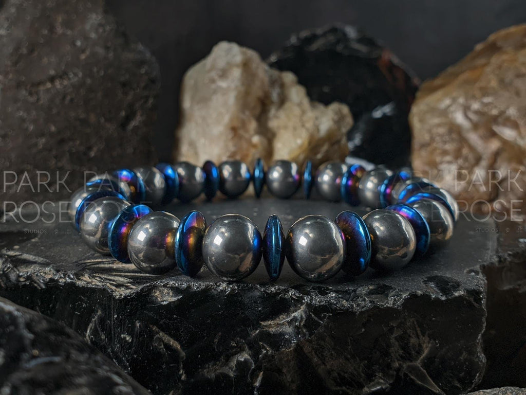 Bundle: Blue Hematite Titanium Bracelet Necklace Set, Grade 2 Titanium (10mm)