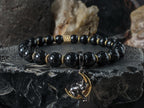 Black Tourmaline Bracelet: Sterling Silver Cat on Moon Charm (8mm)