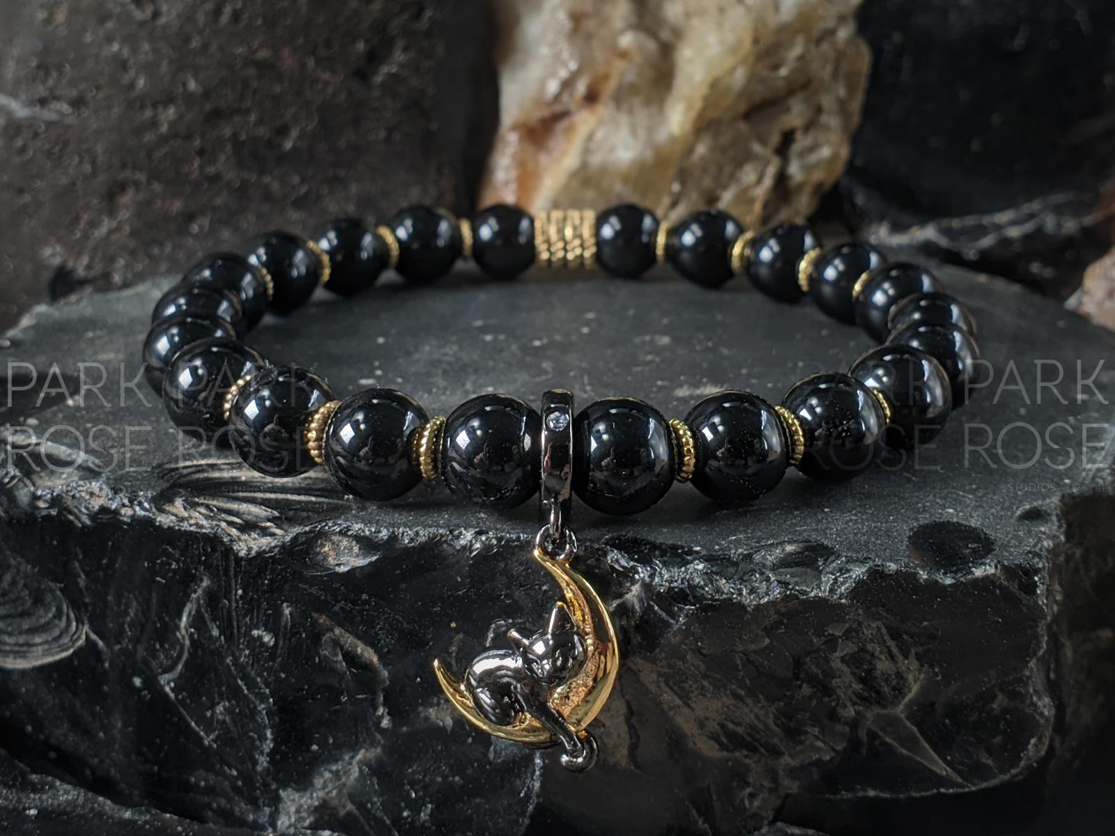 Black Tourmaline Bracelet: Sterling Silver Cat on Moon Charm (8mm)