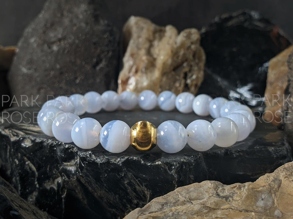 Blue Lace Agate Bracelet: 24K Gold Cat Eye Bead (6/8/10mm)