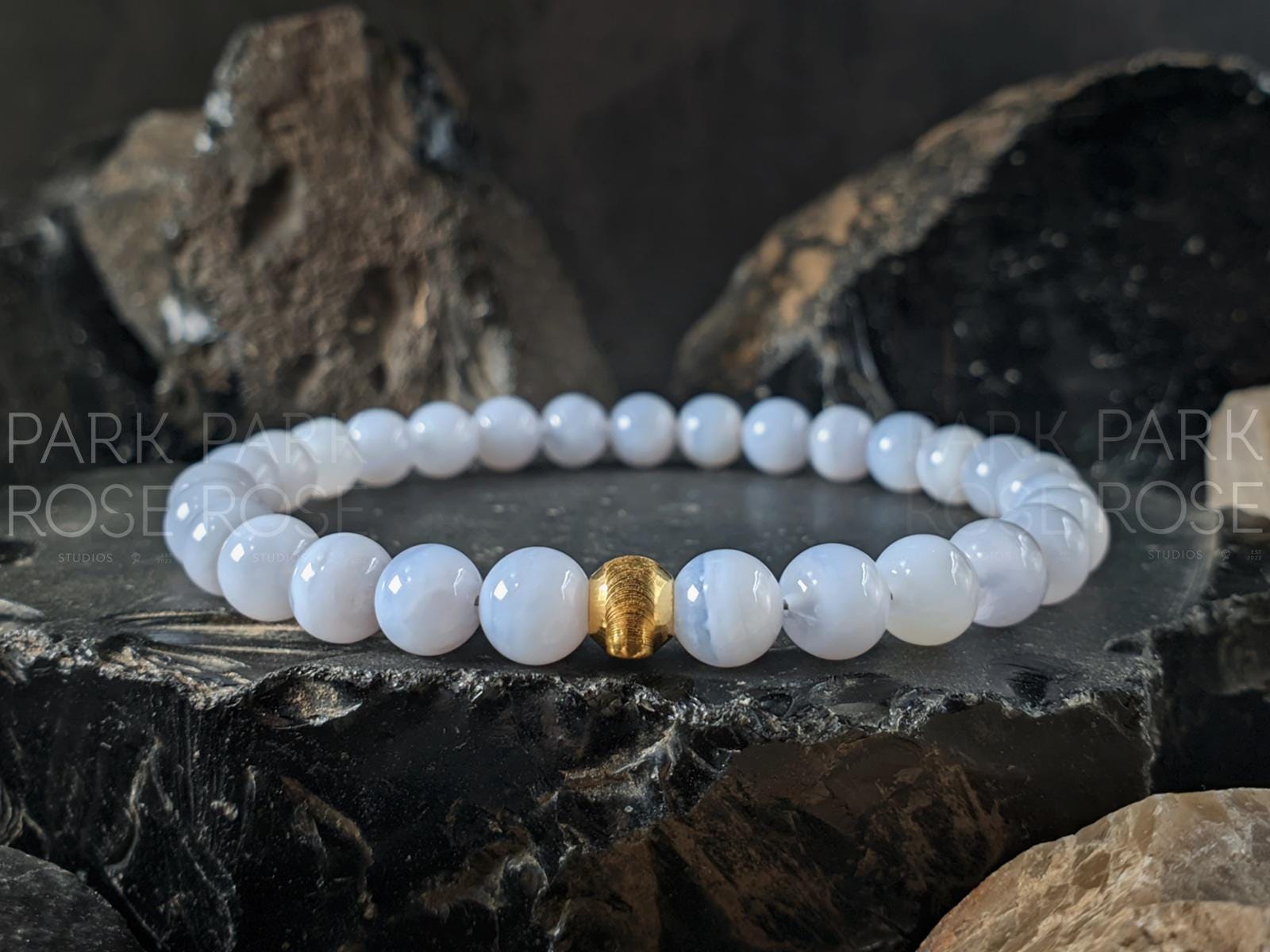 Blue Lace Agate Bracelet: 24K Gold Cat Eye Bead (6/8/10mm)