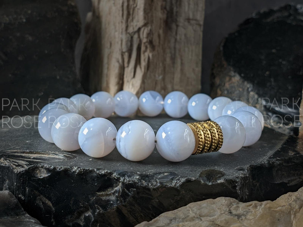 Blue Lace Agate Bracelet: Stainless Steel Accents