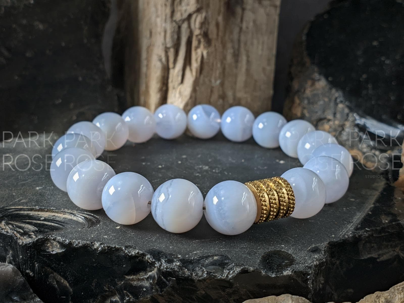 Blue Lace Agate Bracelet: Stainless Steel Accents