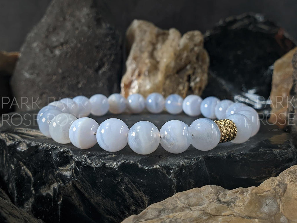 Blue Lace Agate Bracelet: Stainless Steel Accents