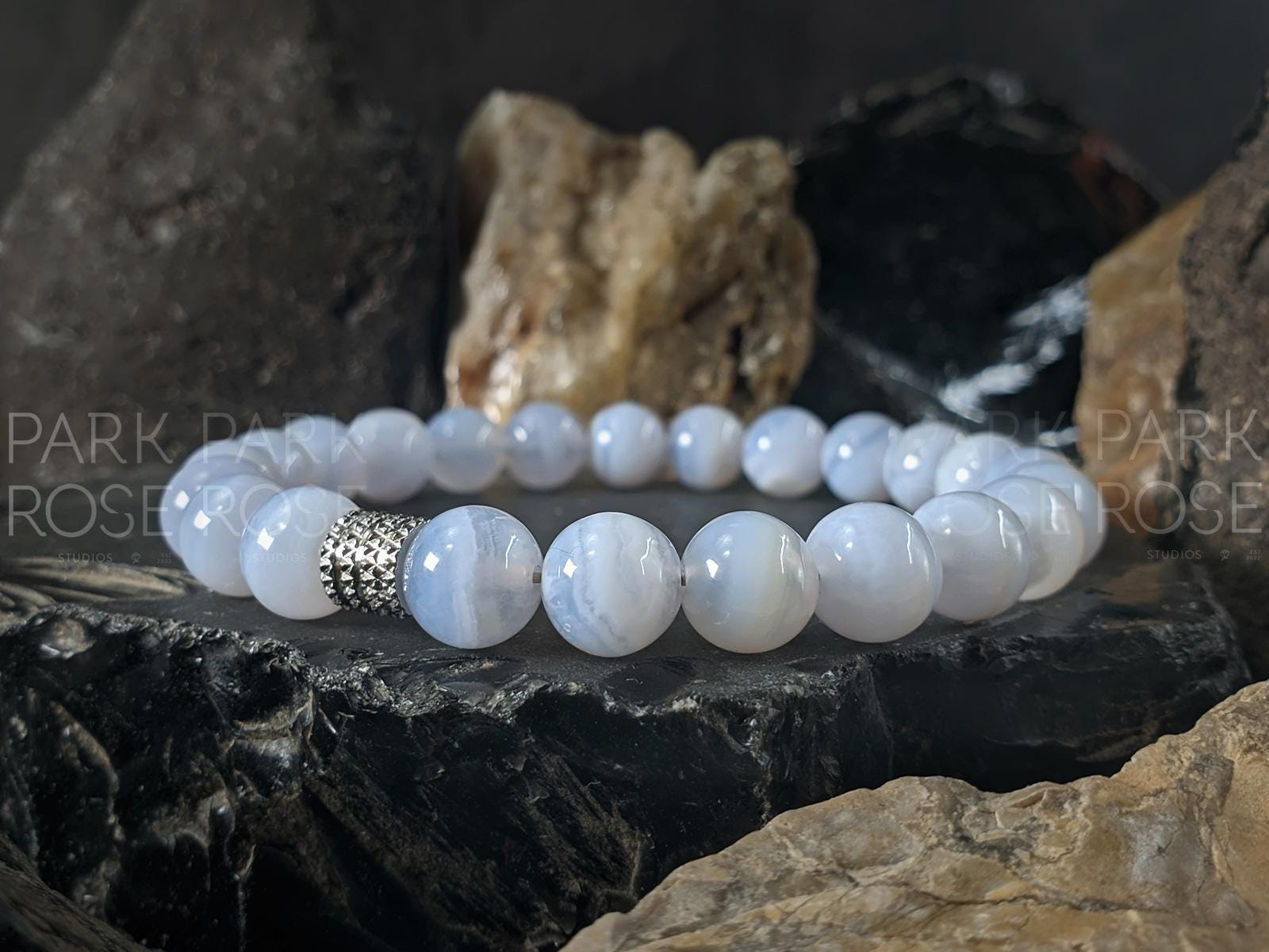 Blue Lace Agate Bracelet: Stainless Steel Accents