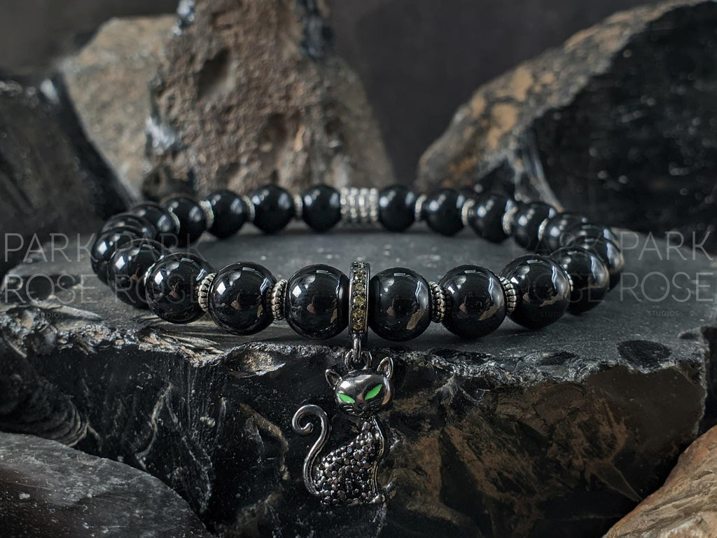 Sterling Silver Black Cat Bracelet: Zircon Charm, Black Tourmaline Beads