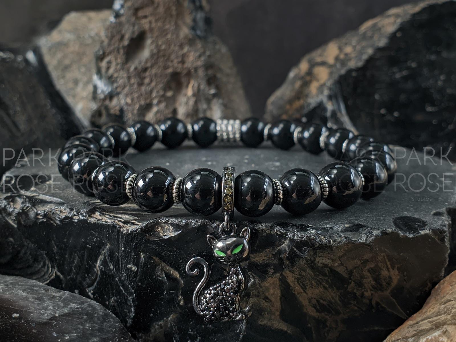 Sterling Silver Black Cat Bracelet: Zircon Charm, Black Tourmaline Beads