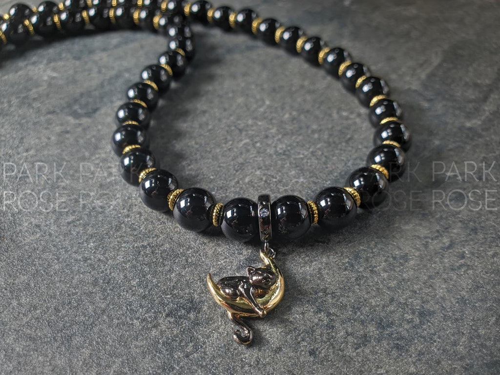 Black Tourmaline Cat On Moon Necklace: 925 Sterling Silver Halloween Charm (8mm)
