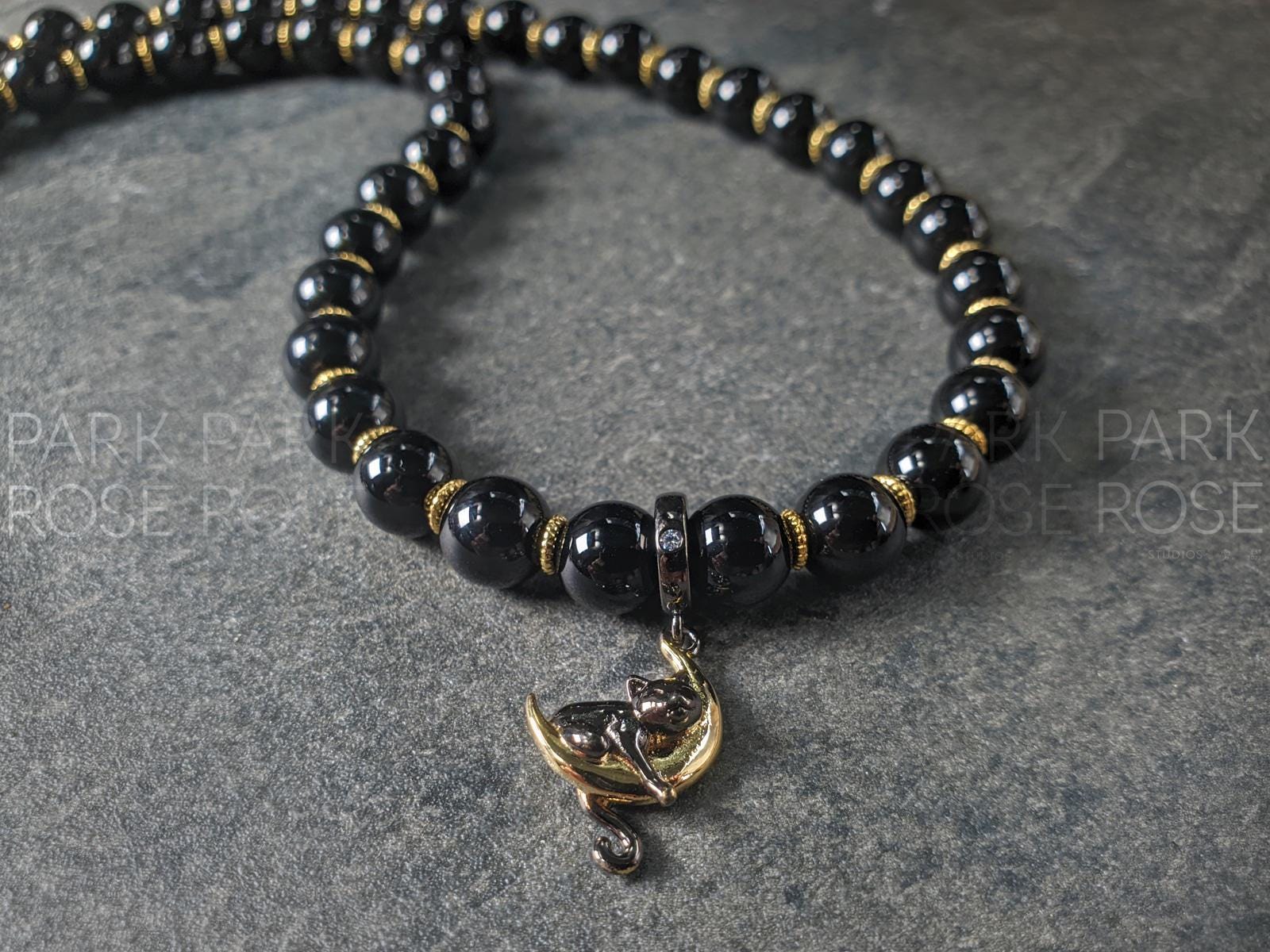 Black Tourmaline Cat On Moon Necklace: 925 Sterling Silver Halloween Charm (8mm)