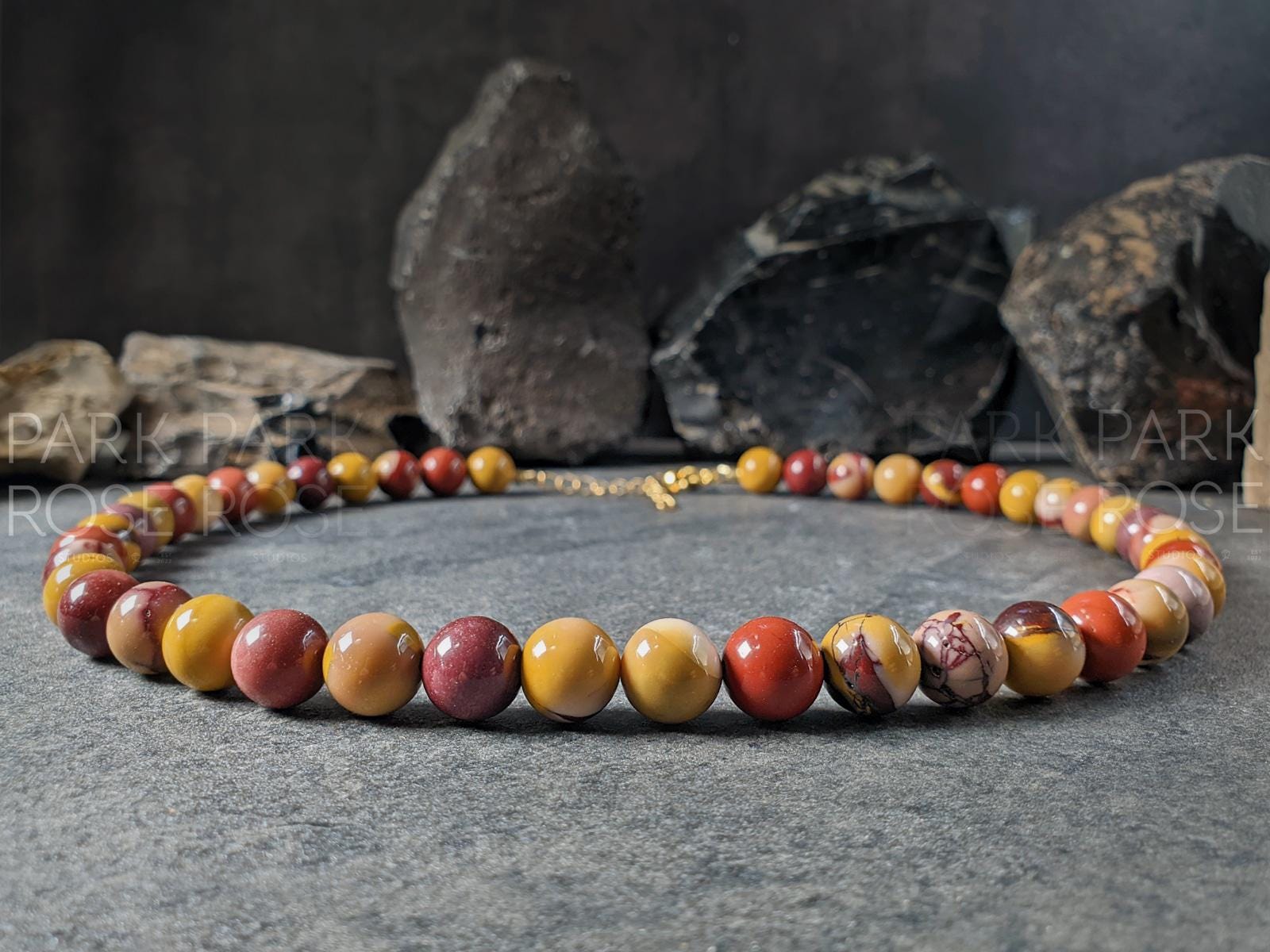 Mookaite Jasper Necklace: Fall Color Gemstones, 24K Gold Details
