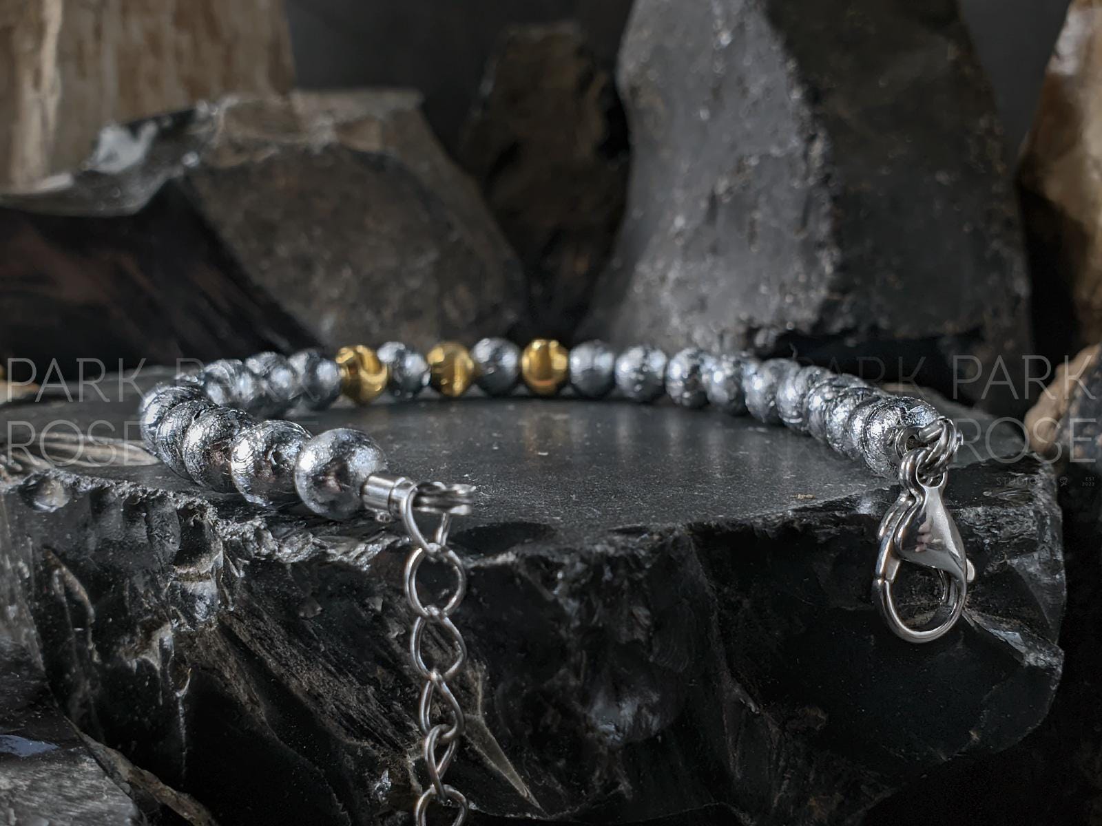 Gibeon Iron Nickel Meteorite Bracelet: 24K Gold Cat Eye Bead (6mm)