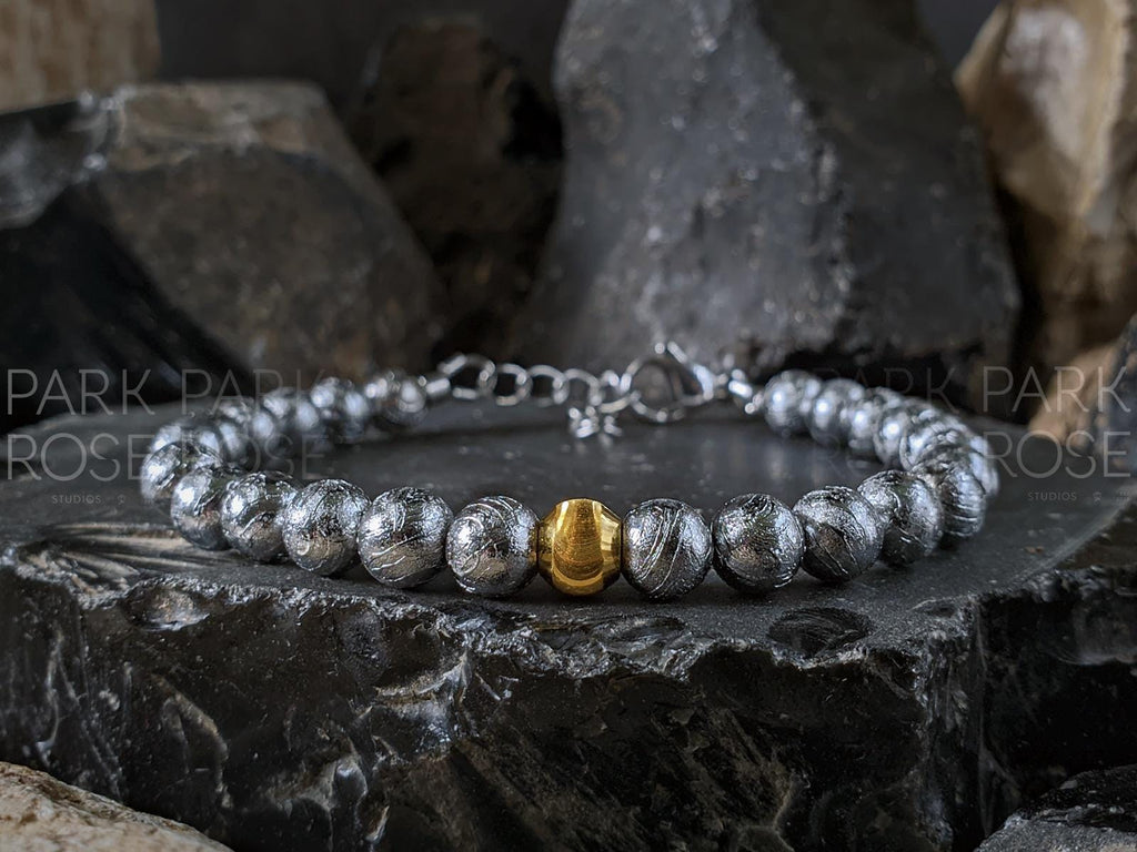 Gibeon Iron Nickel Meteorite Bracelet: 24K Gold Cat Eye Bead (6mm)