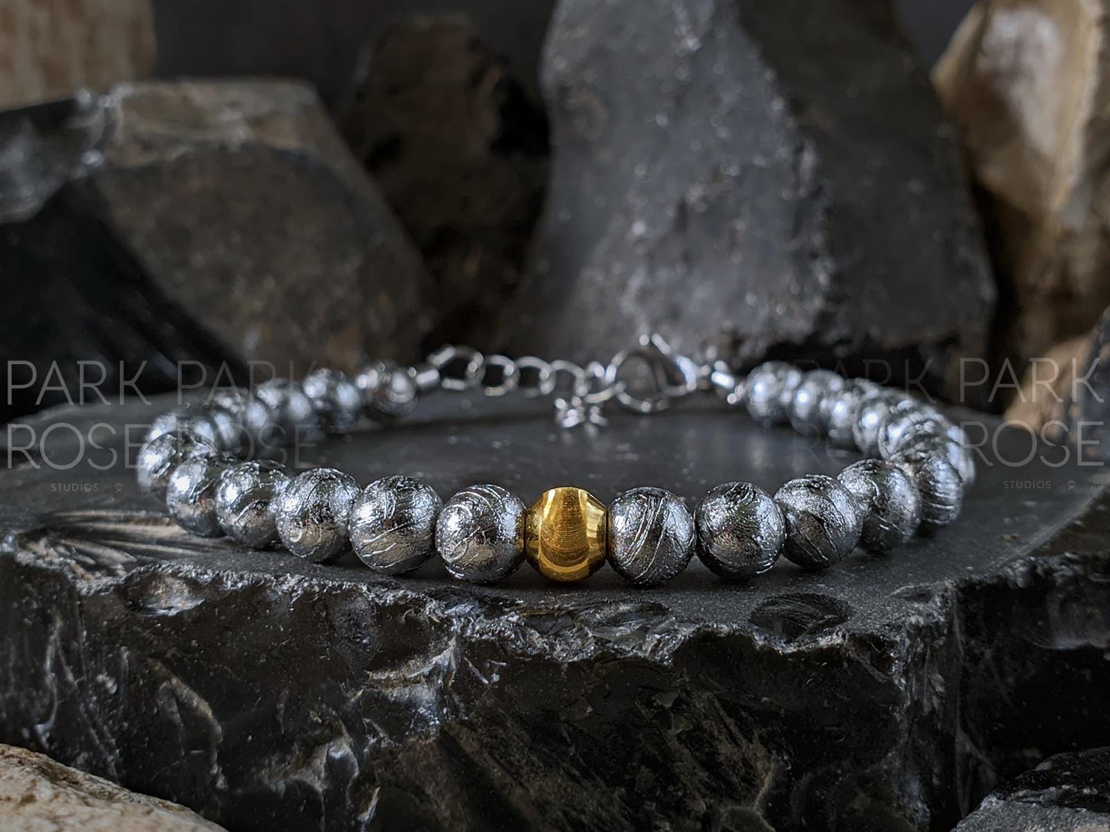 Gibeon Iron Nickel Meteorite Bracelet: 24K Gold Cat Eye Bead (6mm)
