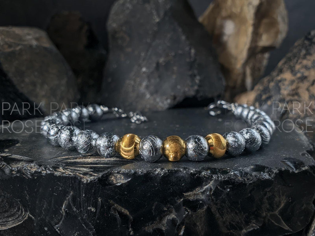 Gibeon Iron Nickel Meteorite Bracelet: 24K Gold Cat Eye Bead (6mm)