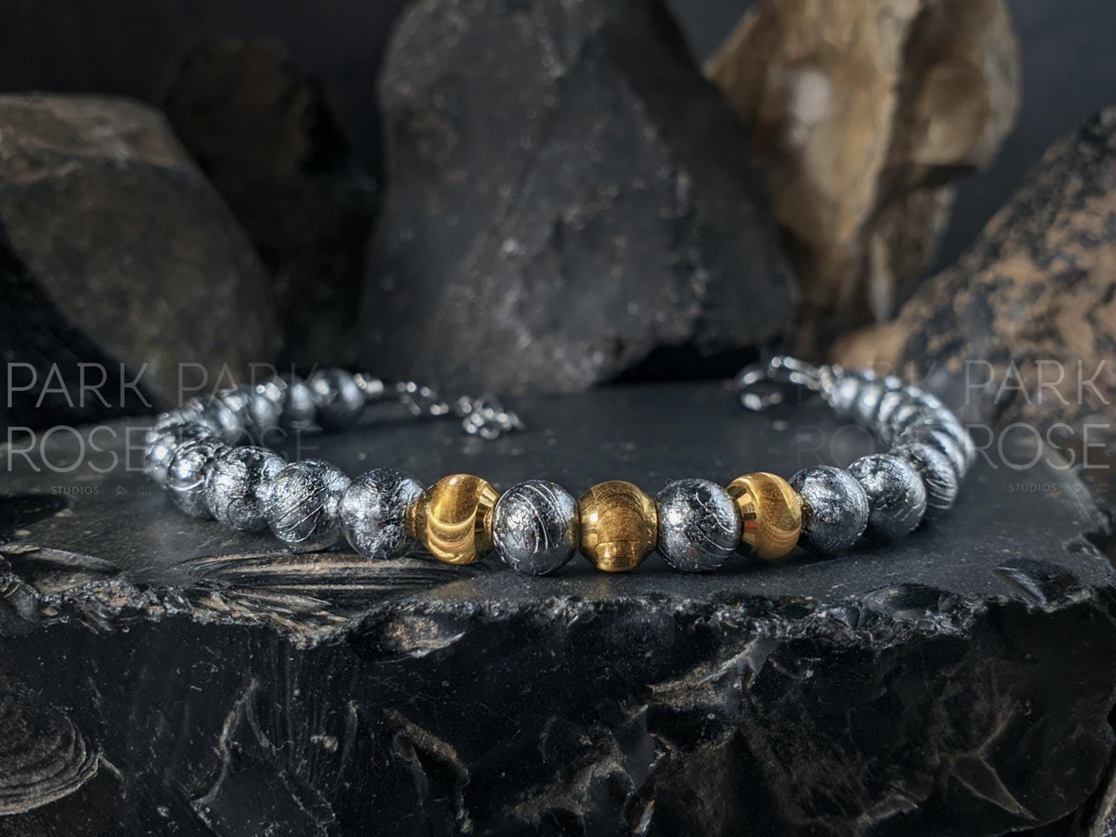 Gibeon Iron Nickel Meteorite Bracelet: 24K Gold Cat Eye Bead (6mm)