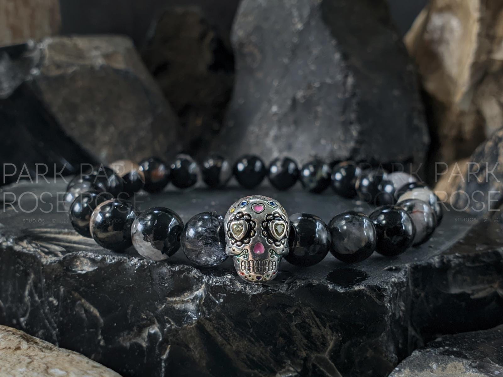 Calico Tourmaline Sterling Silver Sugar Skull Gemstone Bracelet (8mm)