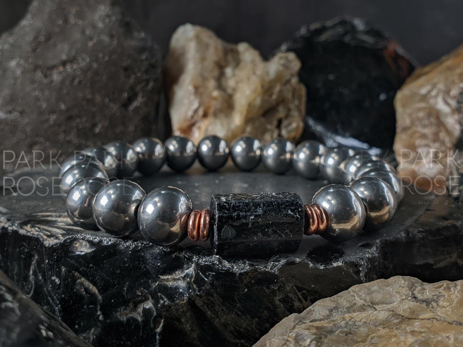 Titanium, Copper & Raw Tourmaline Nugget Gemstone Bracelet (10mm)