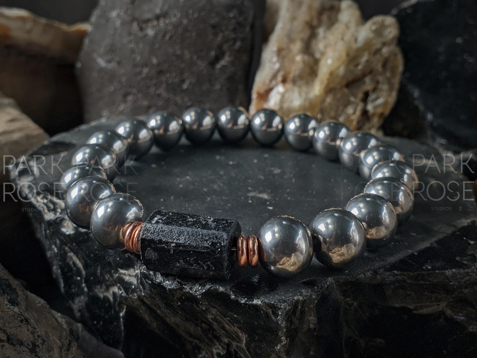 Titanium, Copper & Raw Tourmaline Nugget Gemstone Bracelet (10mm)