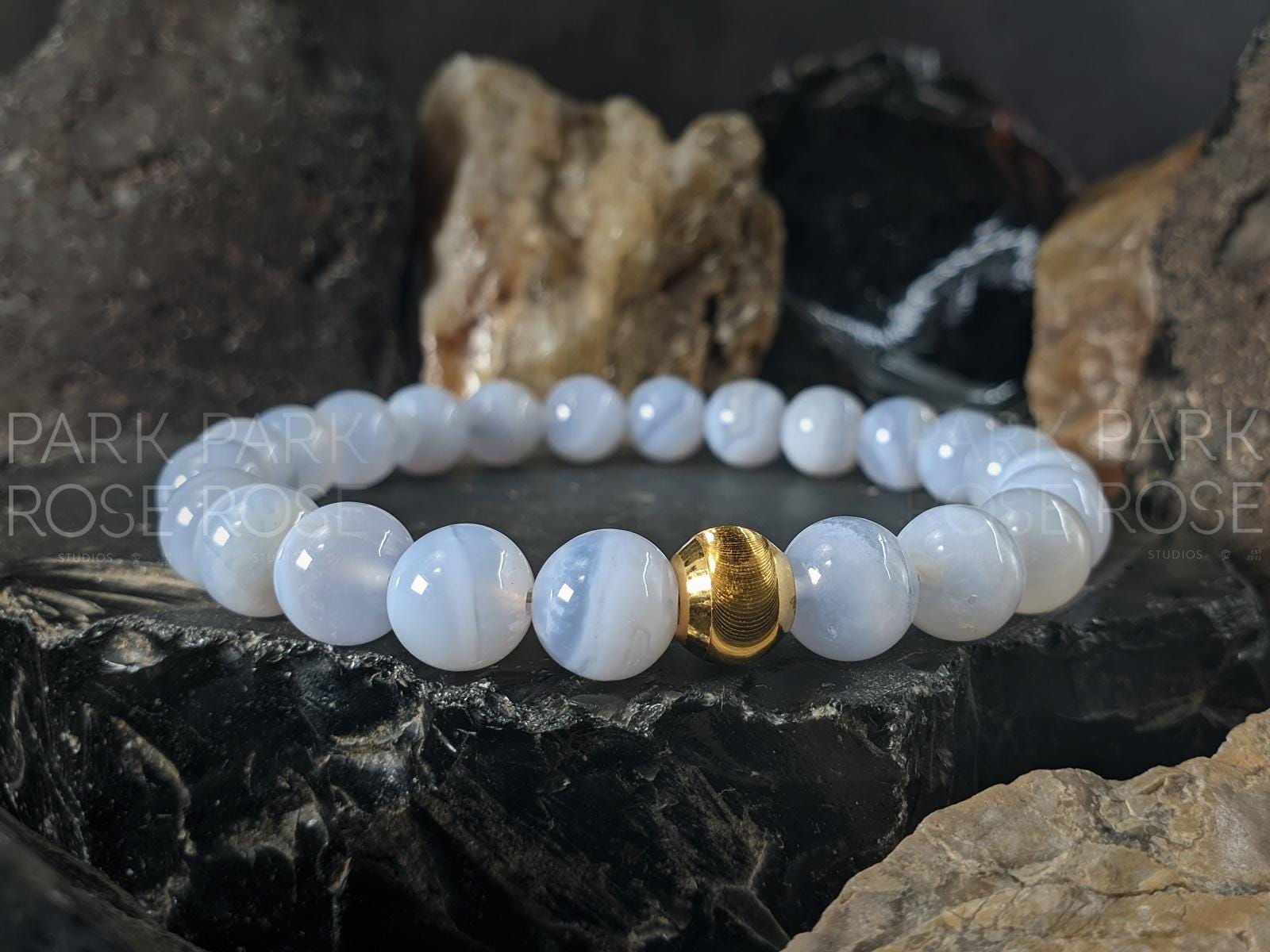 Blue Lace Agate Bracelet: 24K Gold Cat Eye Bead (6/8/10mm)