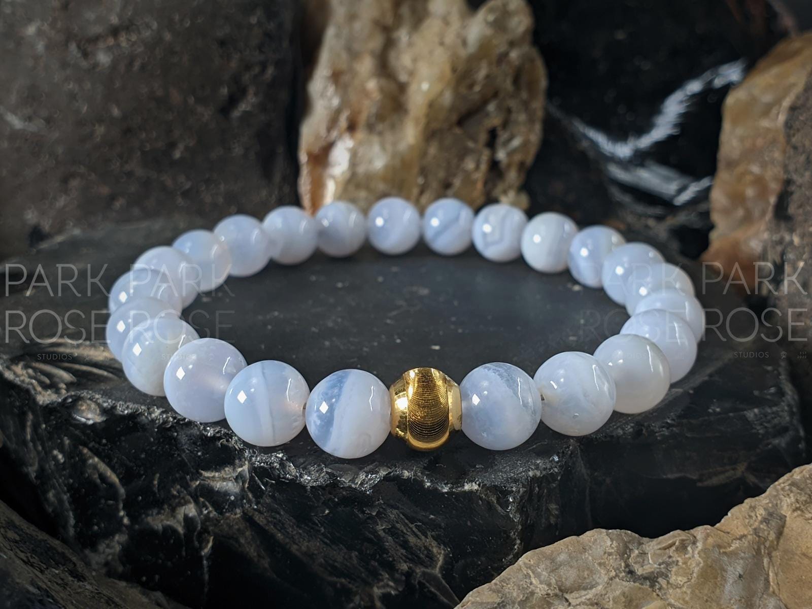 Blue Lace Agate Bracelet: 24K Gold Cat Eye Bead (6/8/10mm)