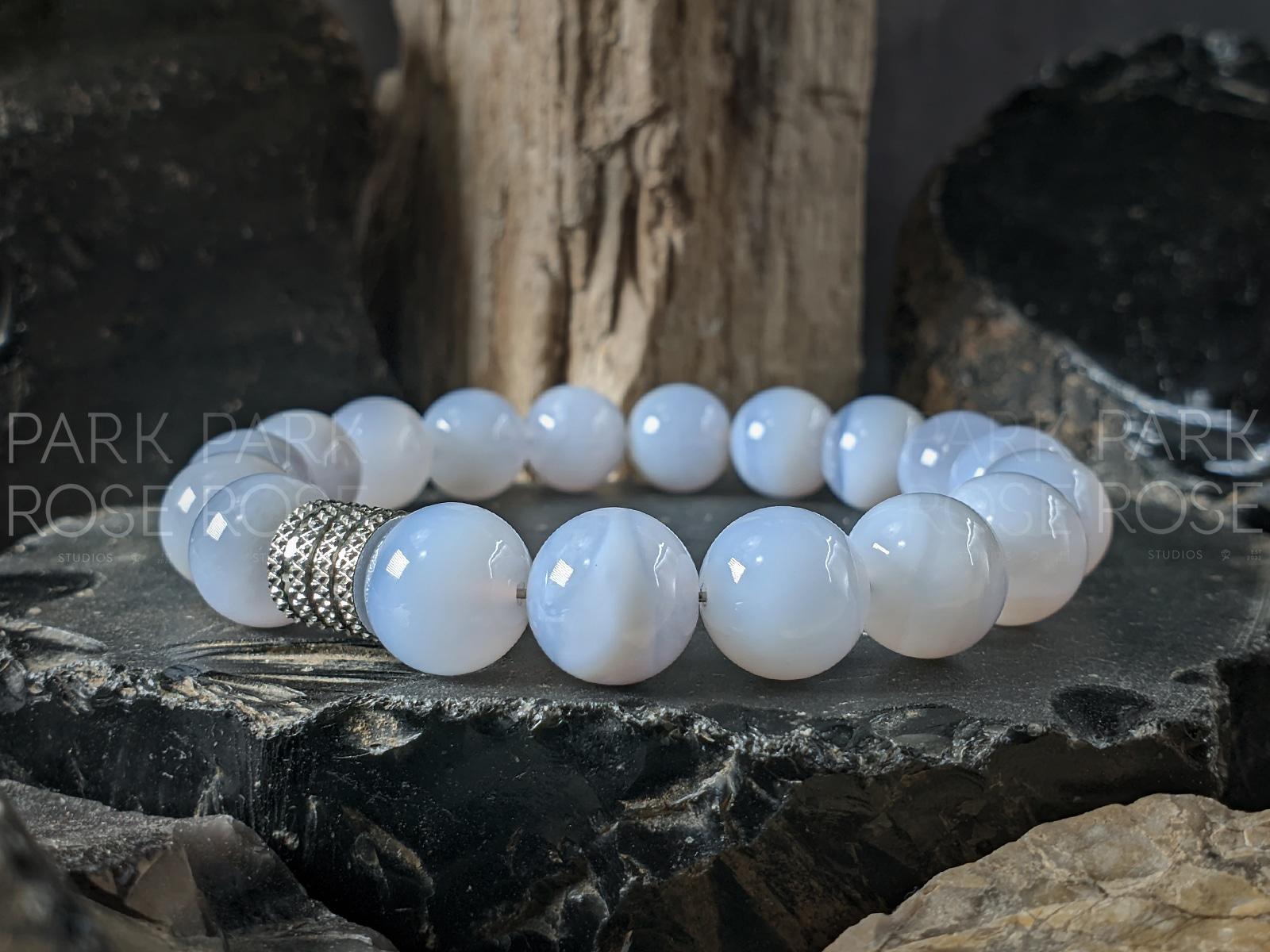 Blue Lace Agate Bracelet: Stainless Steel Accents