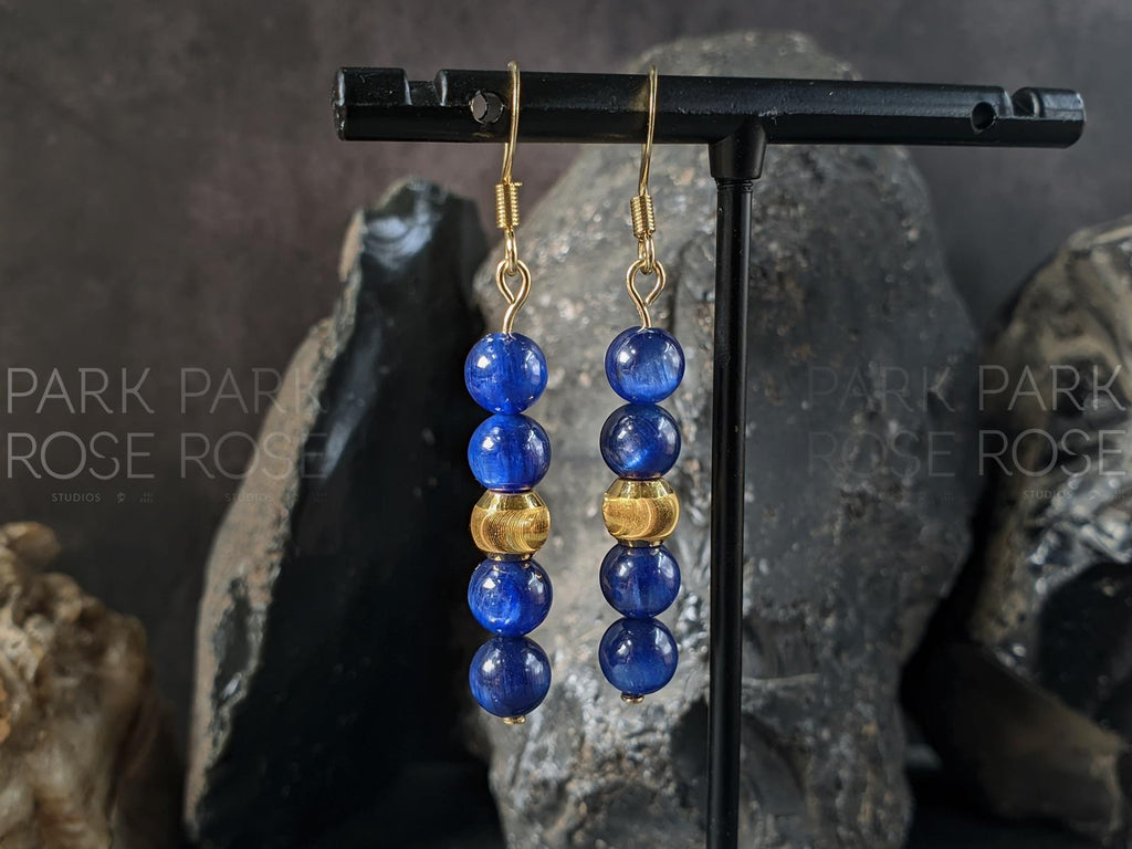 Natural Blue Kyanite Earrings: 24K Gold Cat Eye Bead (6mm)