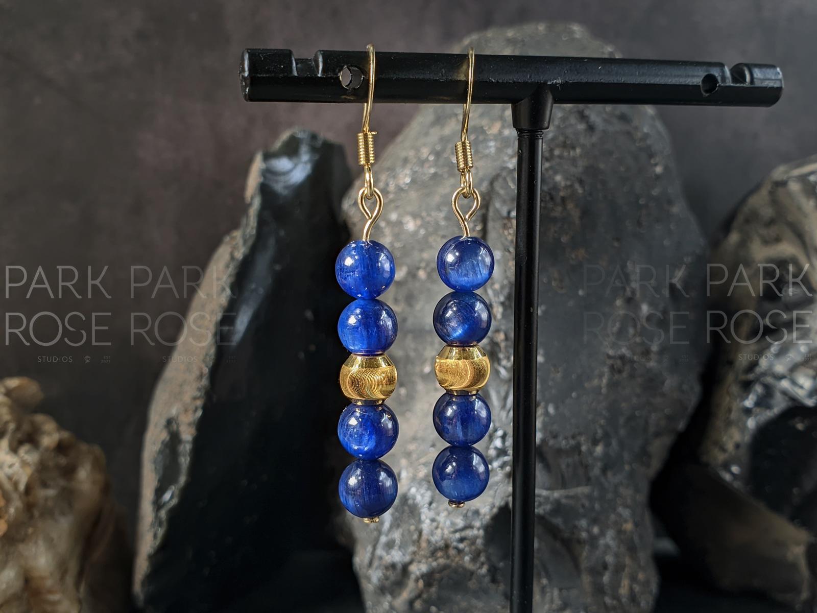 Natural Blue Kyanite Earrings: 24K Gold Cat Eye Bead (6mm)