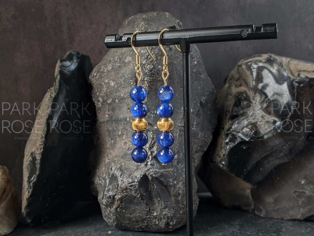 Natural Blue Kyanite Earrings: 24K Gold Cat Eye Bead (6mm)
