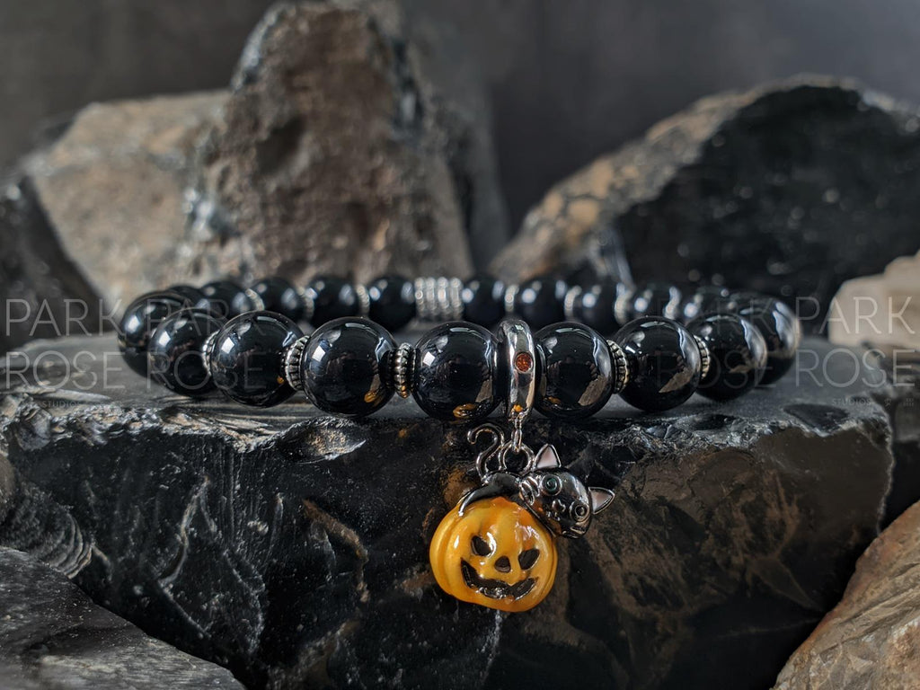Black Tourmaline Bracelet: Sterling Silver Cat & Pumpkin Halloween Charm (8mm)