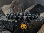 Black Tourmaline Bracelet: Sterling Silver Cat & Pumpkin Halloween Charm (8mm)