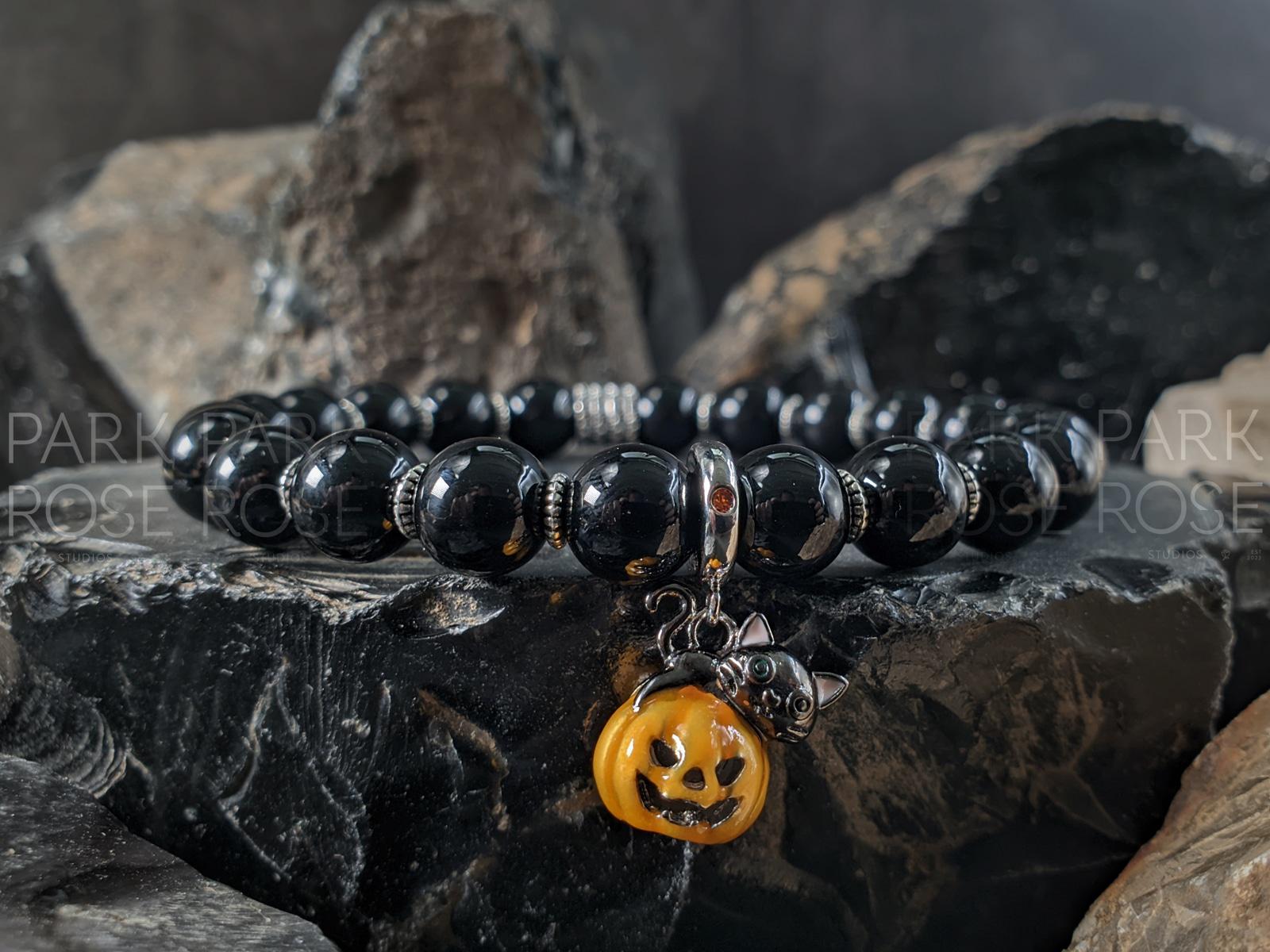 Black Tourmaline Bracelet: Sterling Silver Cat & Pumpkin Halloween Charm (8mm)