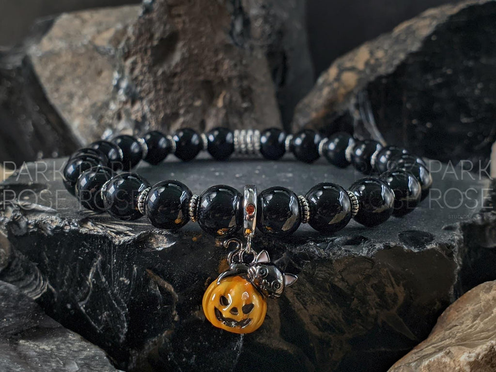 Black Tourmaline Bracelet: Sterling Silver Cat & Pumpkin Halloween Charm (8mm)