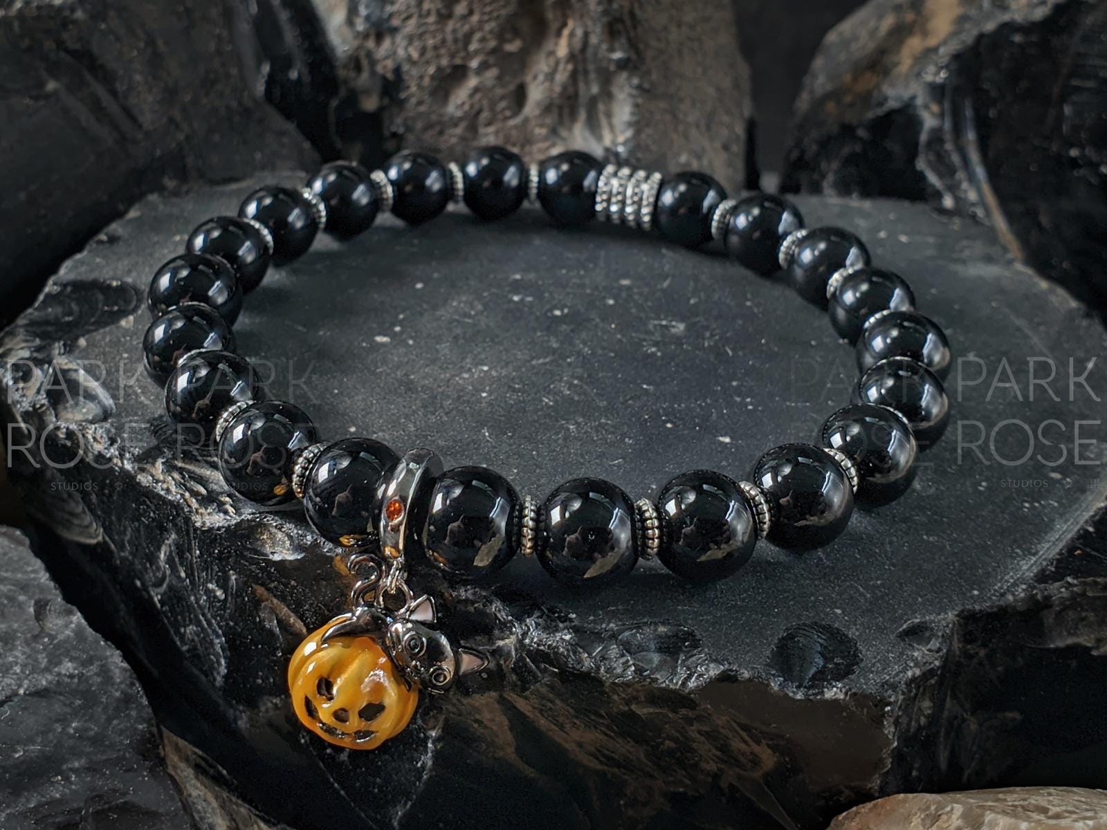 Black Tourmaline Bracelet: Sterling Silver Cat & Pumpkin Halloween Charm (8mm)