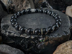 Sterling Silver Black Cat Bracelet: Zircon Charm, Black Tourmaline Beads