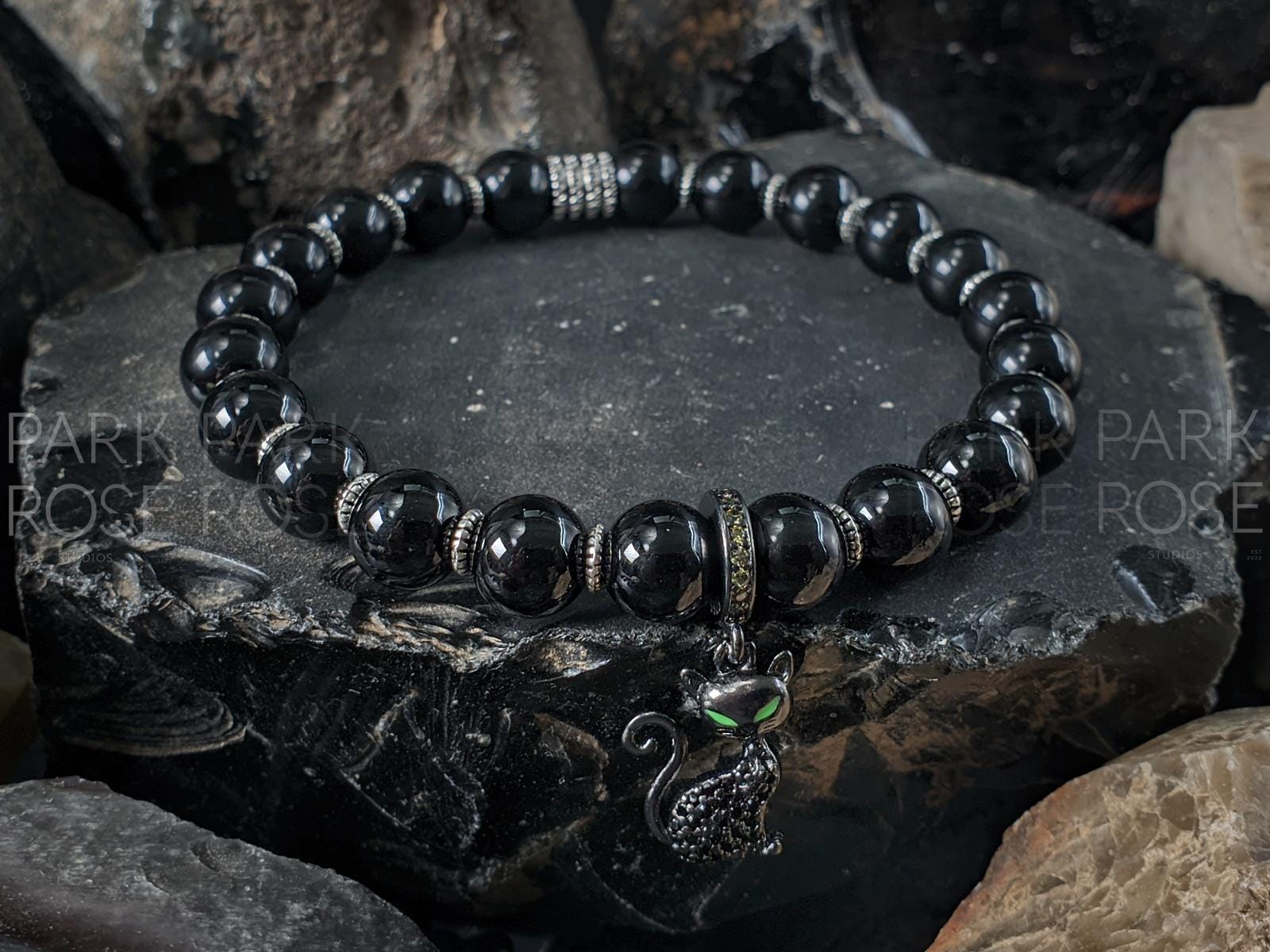 Sterling Silver Black Cat Bracelet: Zircon Charm, Black Tourmaline Beads