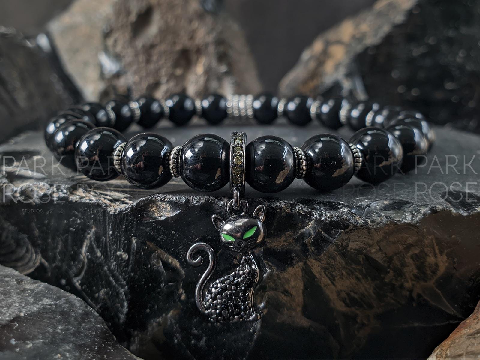 Sterling Silver Black Cat Bracelet: Zircon Charm, Black Tourmaline Beads