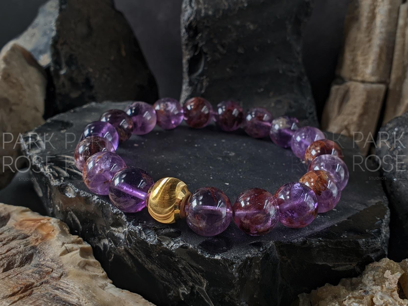 Super Seven Gemstone Bracelet: 24K Solid Gold Cat Eye Bead (10mm)