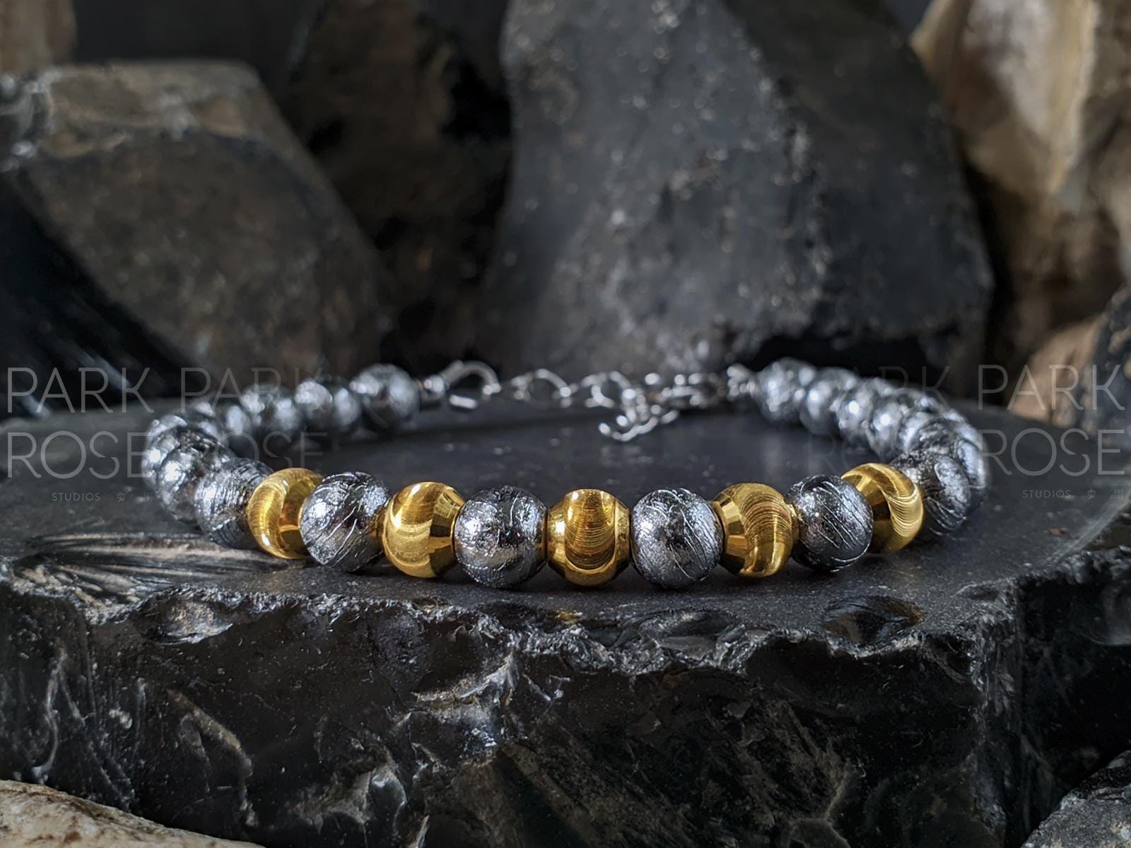 Gibeon Iron Nickel Meteorite Bracelet: 24K Gold Cat Eye Bead (6mm)