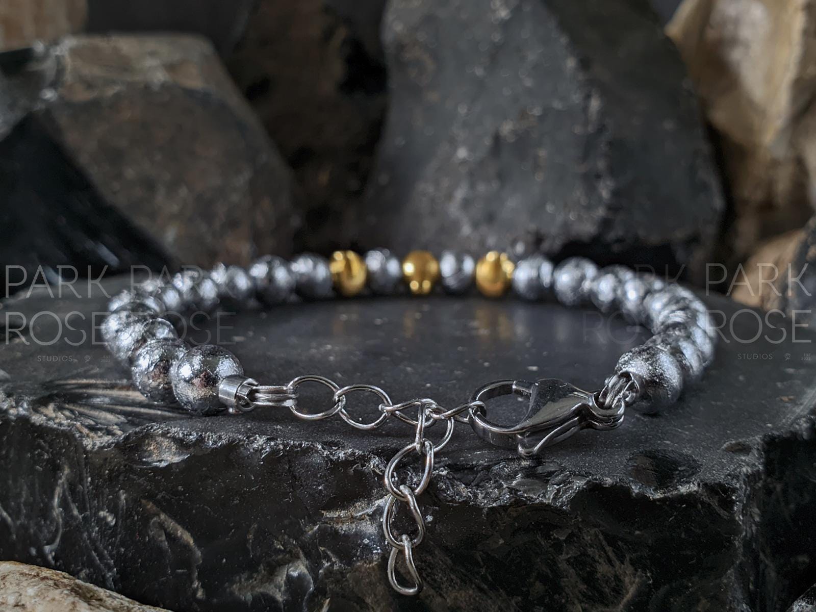 Gibeon Iron Nickel Meteorite Bracelet: 24K Gold Cat Eye Bead (6mm)