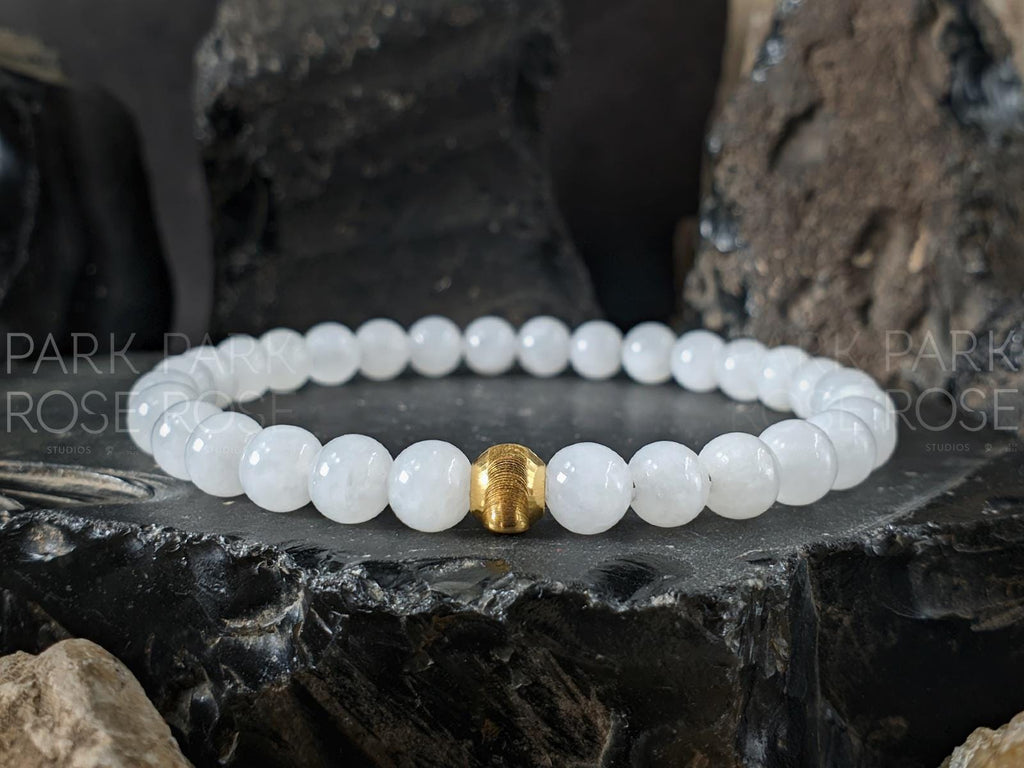 Green & White Nephrite Jade Bracelet Stack: 24K Gold Cat Eye Bead (6mm)