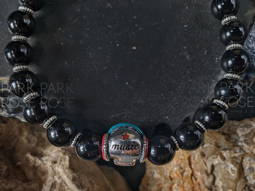 Day of the Dead "DJ" Bracelet, Sterling Silver Skull and Black Tourmaline (8mm)