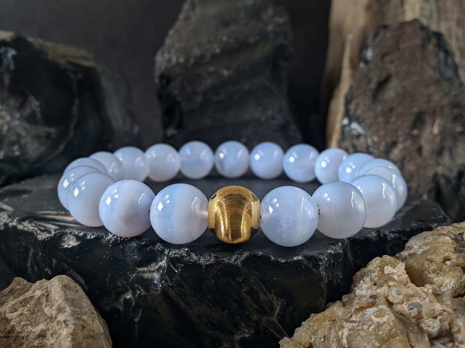 Blue Lace Agate Gemstone Bracelet: 24K Gold Cat Eye Bead (10mm)