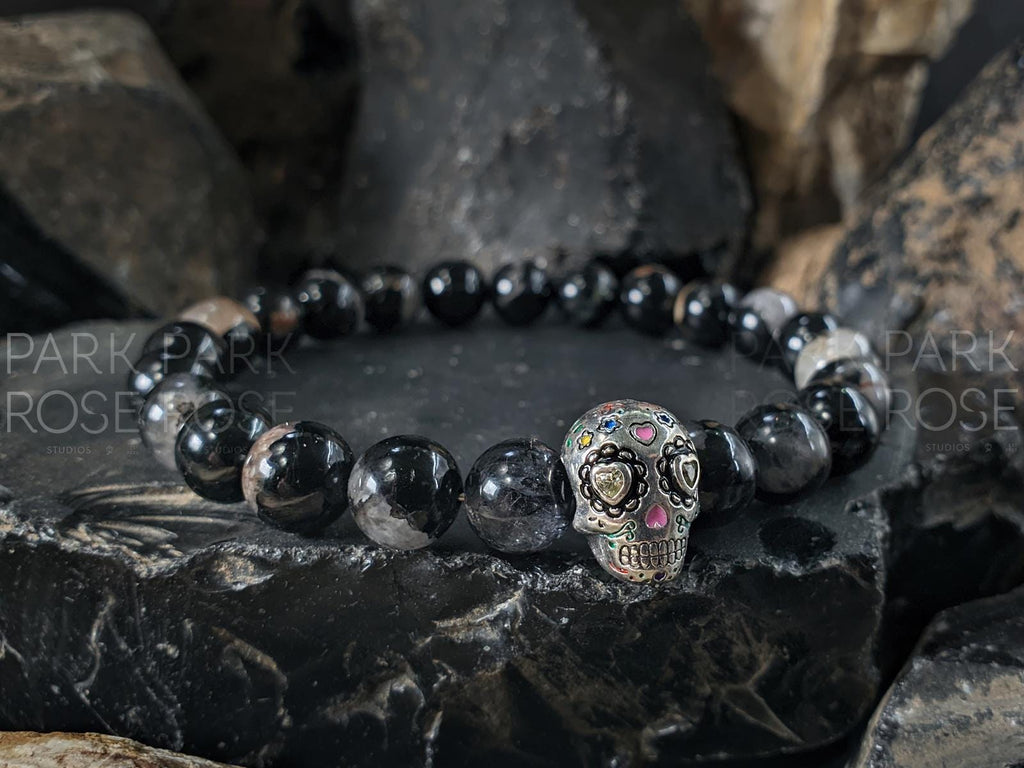 Calico Tourmaline Sterling Silver Sugar Skull Gemstone Bracelet (8mm)