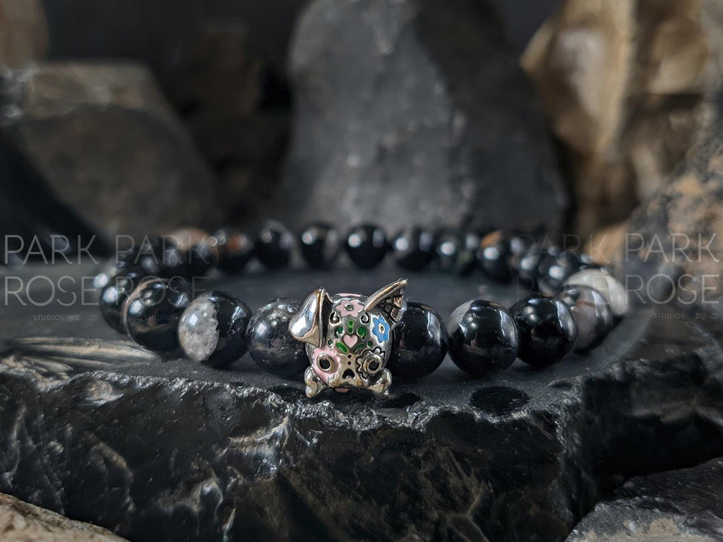 Calico Tourmaline Sterling Silver Sugar Skull Gemstone Bracelet (8mm)