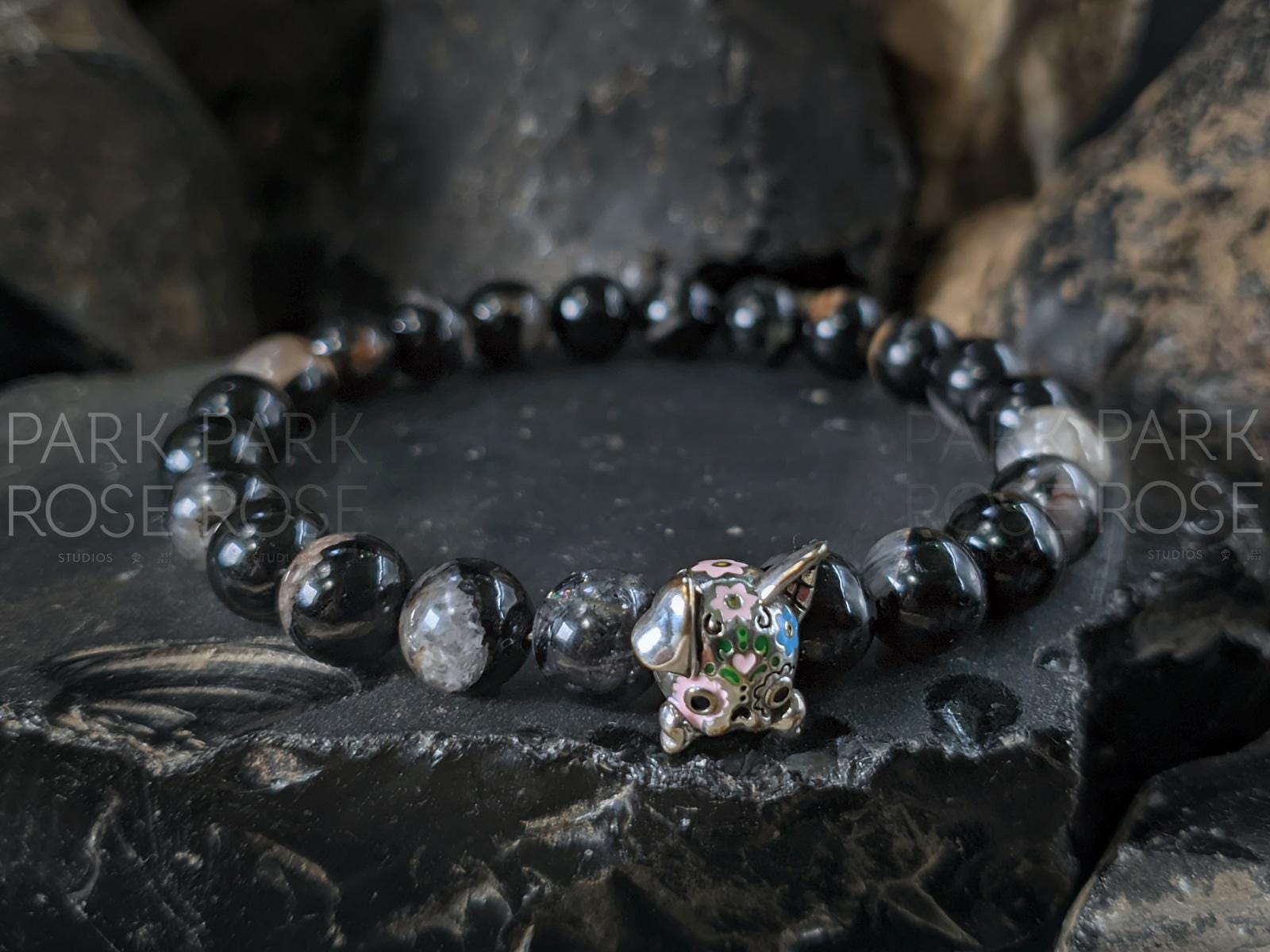 Calico Tourmaline Sterling Silver Sugar Skull Gemstone Bracelet (8mm)