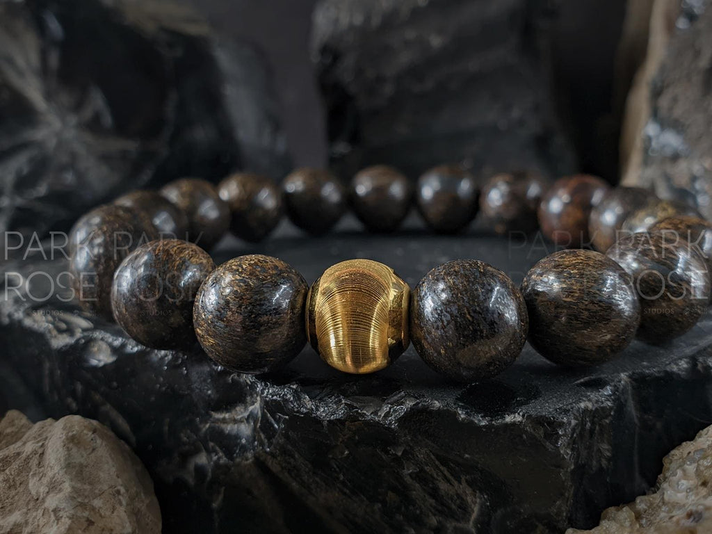 Madagascar Bronzite Gemstone Bracelet: 24K Pure Gold Cat Eye Bead (10mm)