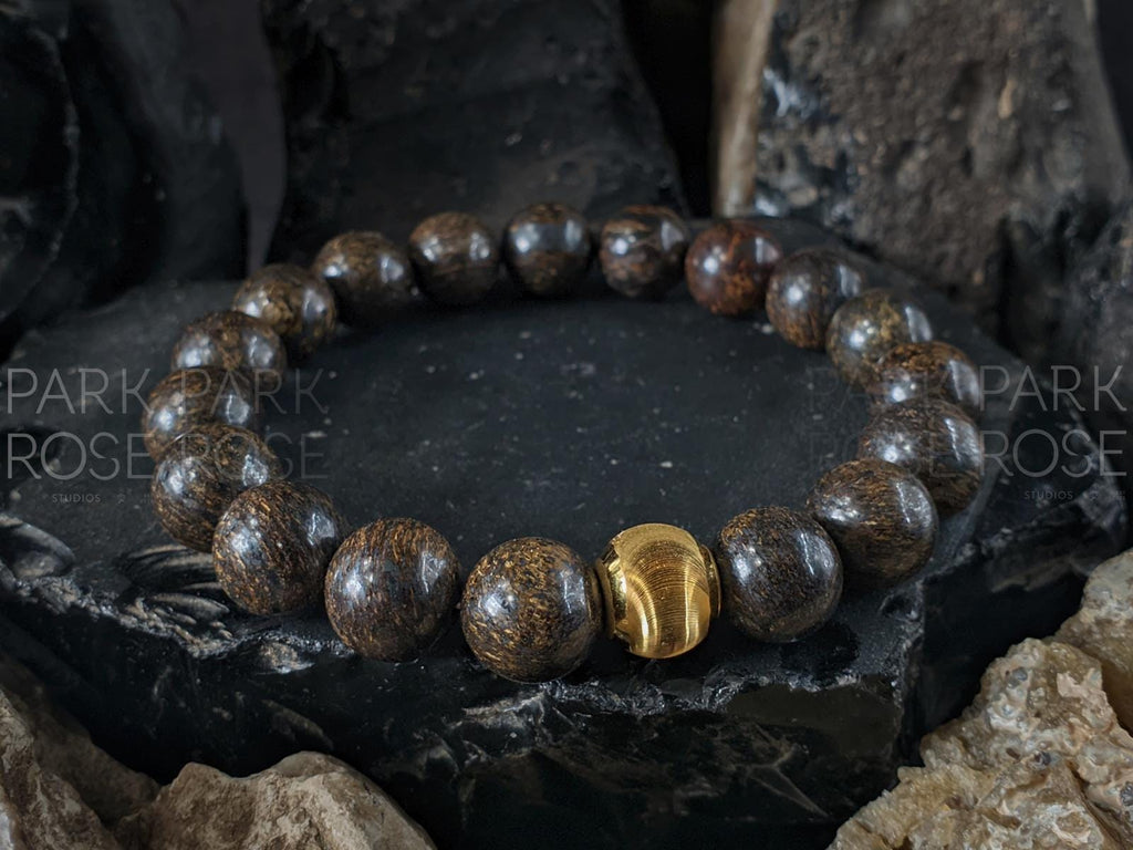 Madagascar Bronzite Gemstone Bracelet: 24K Pure Gold Cat Eye Bead (10mm)