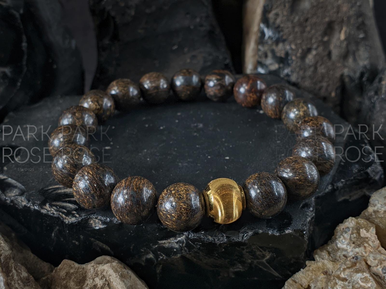 Madagascar Bronzite Gemstone Bracelet: 24K Pure Gold Cat Eye Bead (10mm)