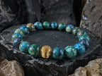 Phoenix Chrysocolla Lapis Lazuli Gemstone Bracelet: 24K Pure Gold Cat Eye Bead (10mm)